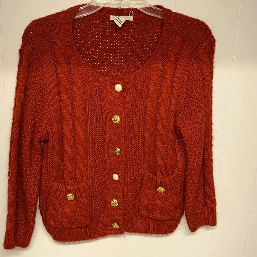 Forever 21 I LOVE H81 Cardigan Womens large Red Cropped Cable Knit  3/4 Sleeves